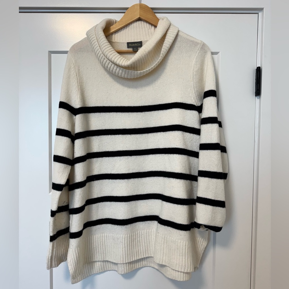 Style & Co. Cream and Black Striped Turtleneck Sweater